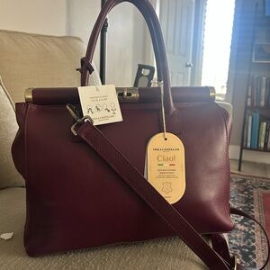 NWT Viola Castellani Plum Satchel Bag Genuine Italian Calf Leather Hold/Tone HW